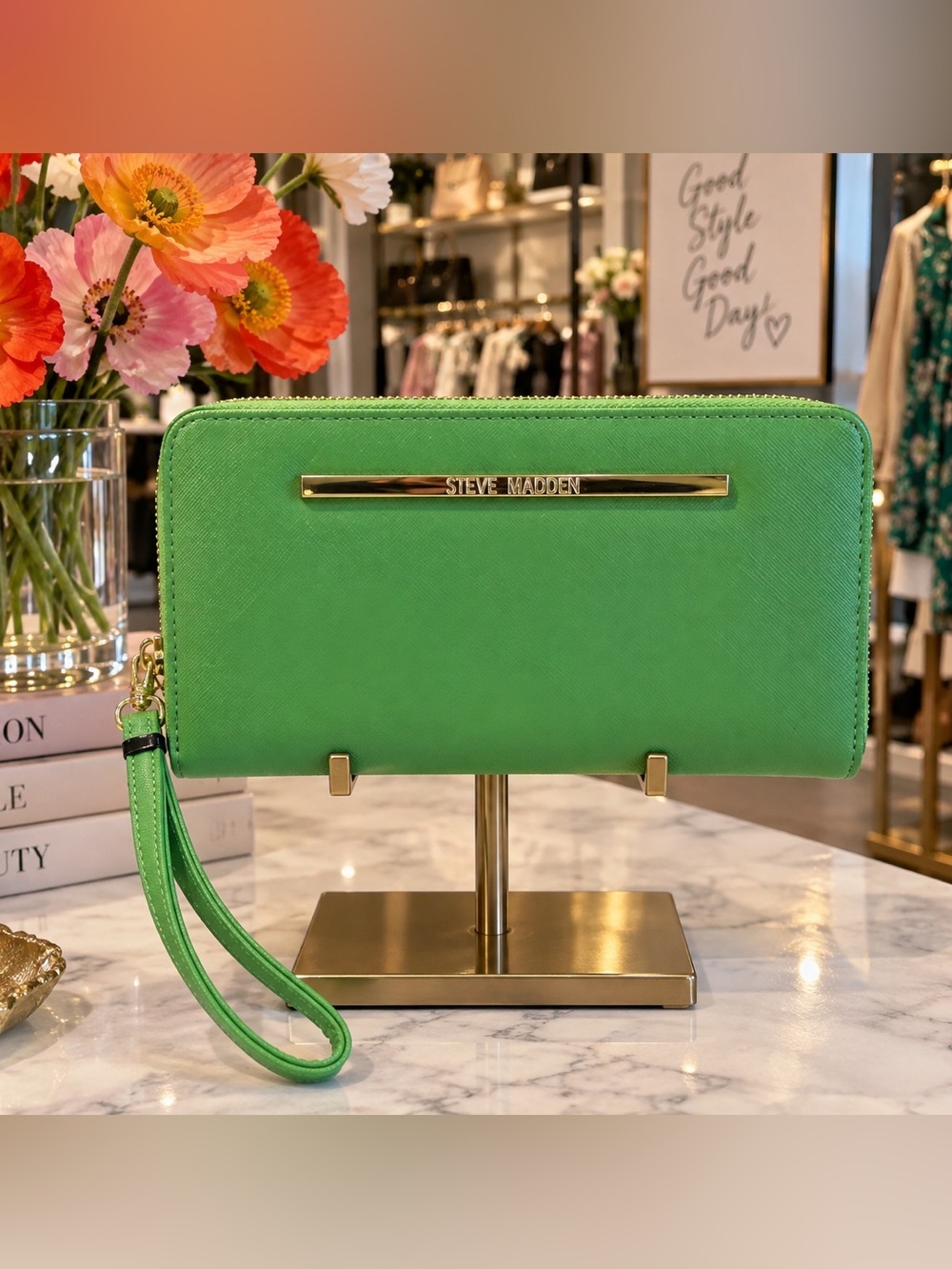 Steve Madden Bright Green Wristlet with Gold-Tone Accents